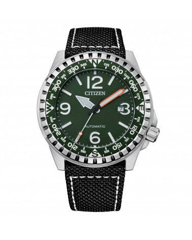 Citizen-Orologio-uomo-acciaio-meccanico-a-ricarica-automatica-quadrante-verde-cinturino-nylon-nero-nj219816x