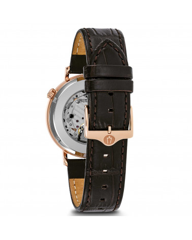 Bulova - Orologio uomo Aerojet automatico cassa acciaio placcato oro rosa cinturino pelle marrone quadrante bianco